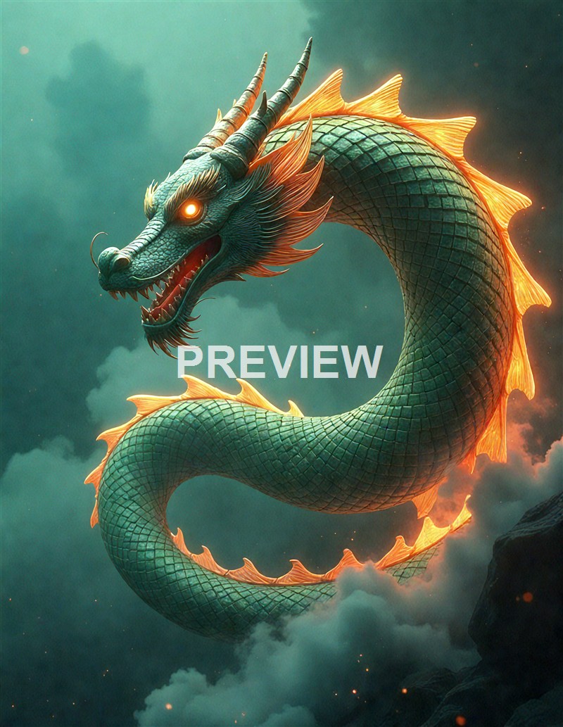 A fierce, glowing-eyed dragon with a serpentine body, sharp teeth, and spiked fins, soaring through a cloudy sky illuminated by an orange glow.
